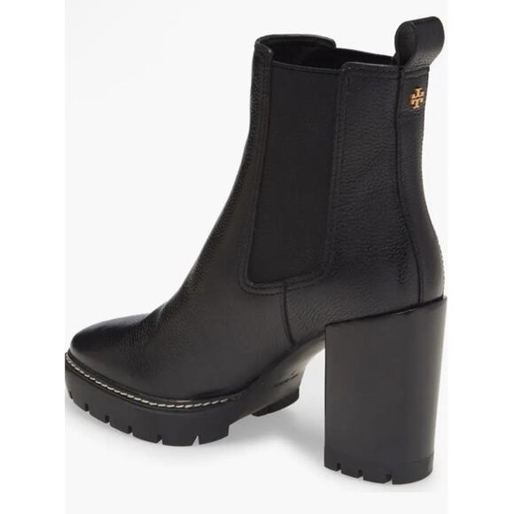 Tory Burch Womens Carson Lug 70mm Bootie Chelsea Ankle Boots Black Leather US 10 - Picture 1 of 16